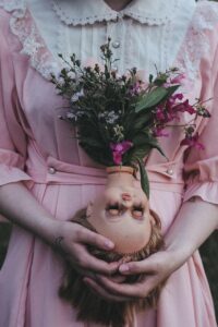 doll, toy, dress, girl, young woman, flowers, hands, model, flower background, creation, nature, flower wallpaper, wildflowers, halloween, beautiful flowers, scary, creepy