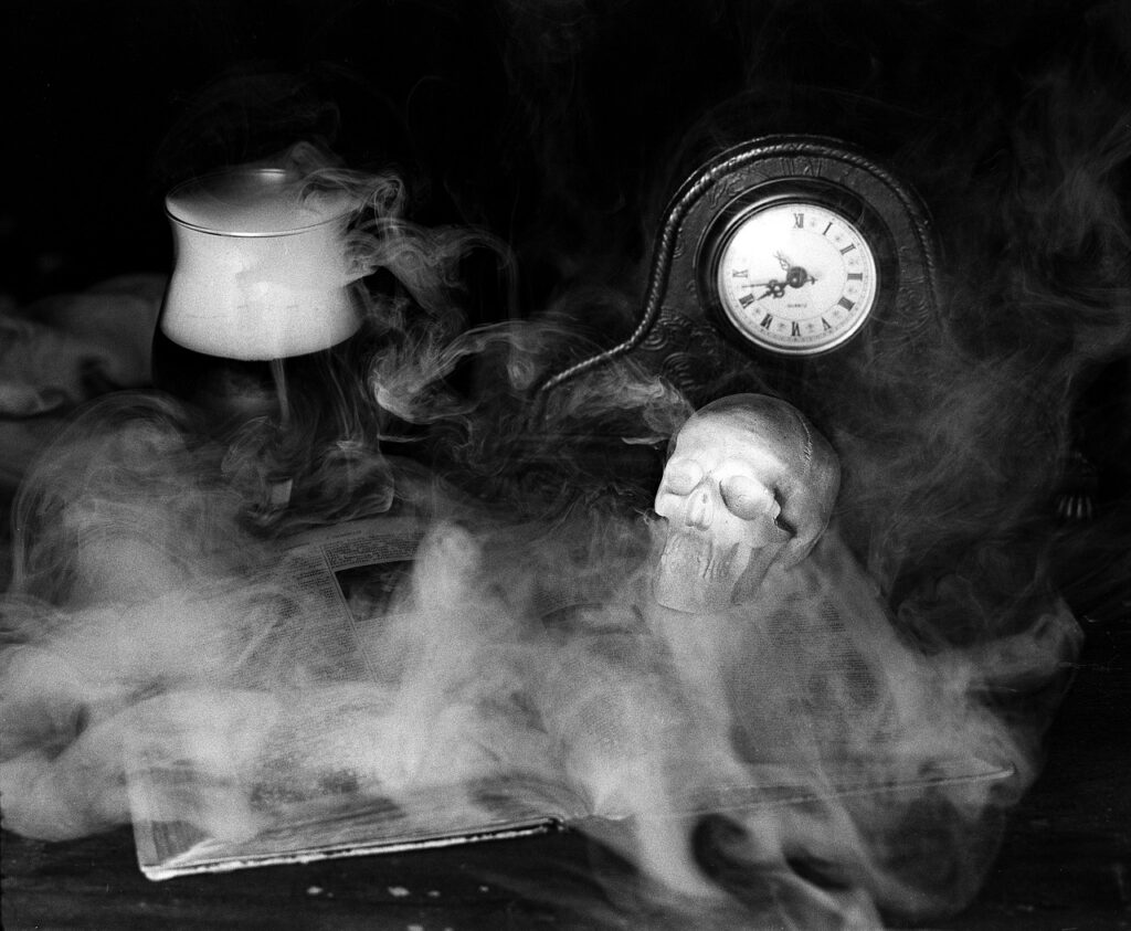 skulls, book, clock, knowledge, drink, halloween, spooky, dark, darkness, creepy, evil, surreal, haunted, fiction, seasonal, cemetary, black and white, human skulls, smoke, vape, mist, gray book, gray books, gray smoke, gray clock, gray skull, gray blood, gray knowledge, gray evil
