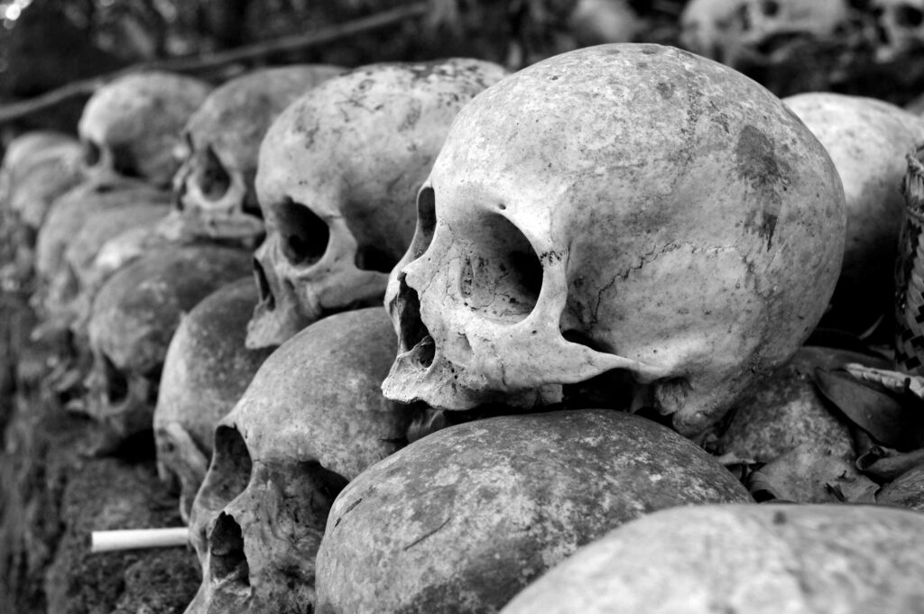 Row of weathered skulls in a Bali cemetery conveys mystery and decay.