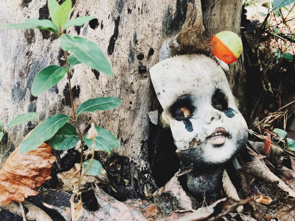 Eerie, weathered doll head against a tree in the woods, perfect for Halloween themes.